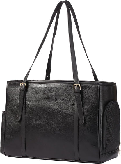 Fashion Dog Purse Pet Carrier Leather Bag for Small Dogs Cats Puppy, Portable Tote Bag Airline Approved Soft-Sided Carriers (Black)