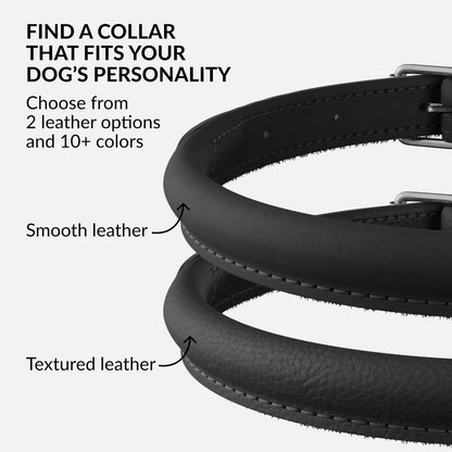 CollarDirect Rolled Leather Dog Collar, Soft Padded Round Puppy Collar, Handmade Genuine Leather Collar Dog Small Large Cat Collars 13 Colors (13-16 Inch, Black Smooth)