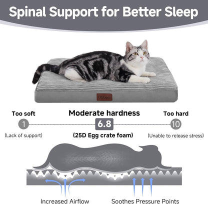 OhGeni Orthopedic Waterproof & Machine Washable Dog Bed for Small Pets, Suitable for Crates, Cat Mat with 25D Egg Crate Foam, Non-Slip Bottom & Removable Cover, Invisible Zipper, 24 Inches(Gray)