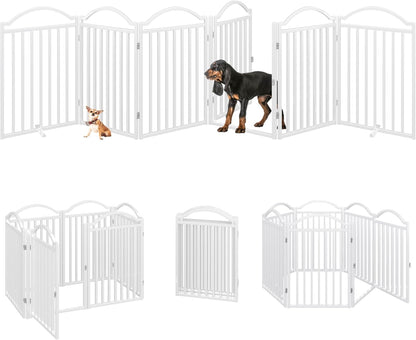 BHG Metal No-Assembly Freestanding Dog Gate with Door Walk Through, Extra Wide 144", Extra Tall 32" Pet Gate, Accordion Puppy Folding Playpen Dog Fence for Indoor & Outdoor, with 2PCS Support - White