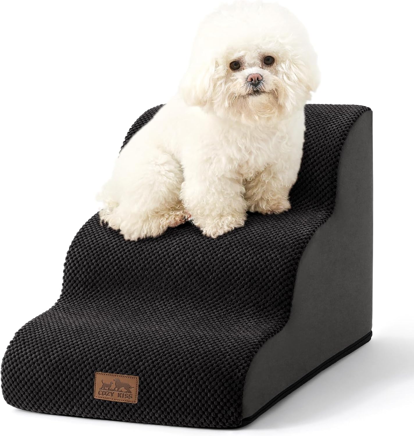 Dog Stairs for Small Dogs 15.7" H, Curved Dog Step for Puppy, Older Cat, Medium Pet Ramp for Sofa, Couch or Bed, Ladder with High Density Foam, 15.7x22.4x15.7 inch, 3 Step, Black - Pawvie
