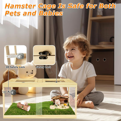 32" Hamster Habitat Enclosure, Lockable Sliding Door Gerbil Cage, Dwarf Hamster Cage with Metal Mesh Roof, Chewproof Syrian Hamster Cage for Mice, Small Animal, (Wooden, 32" L x 16" W x 16" H)