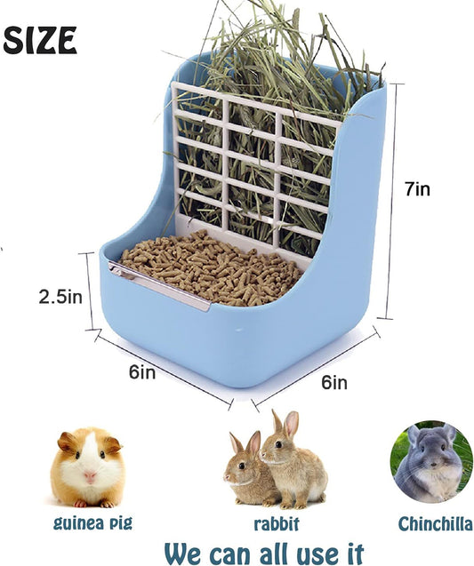HERCOCCI PET Feeder and Water Bottle Set, Large Blue (500ml), Durable Hay Food Bin Feeder, Food Bowl, Gravity-Fed Water Dispenser for Rabbit, Guinea Pig, Chinchilla