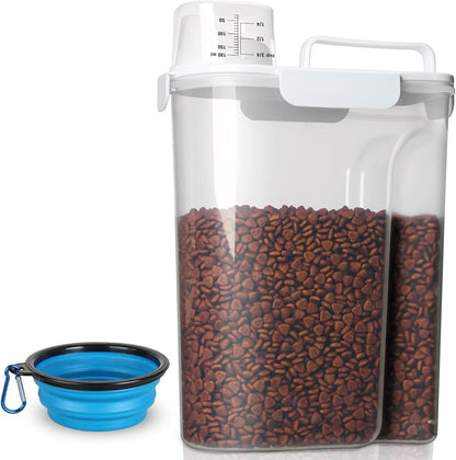 Dog Food Storage Container, 5-7 Lbs Airtight Pet Food Container, Cat food Container Dispenser with Portable Handle, Pouring Spout, Measuring Cup and a Collapsible bowl for Dogs Cats White/6Qt