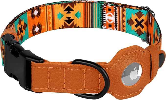 AirTag Dog Collar with Metal Buckle - Printed Nylon Soft Leather Dog Collar with Apple AirTag Holder - Secure Tracking GPS Pet Collars for Girl Boy Small Large Dogs (L, 17"-21" Neck Fit, Southwest)
