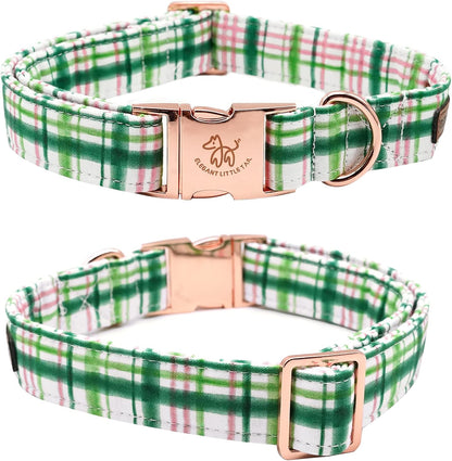 Elegant Little Tail Dog Collar with Bow - Pink with Green Plaid, Cute Bowtie, Adjustable for Medium Dogs