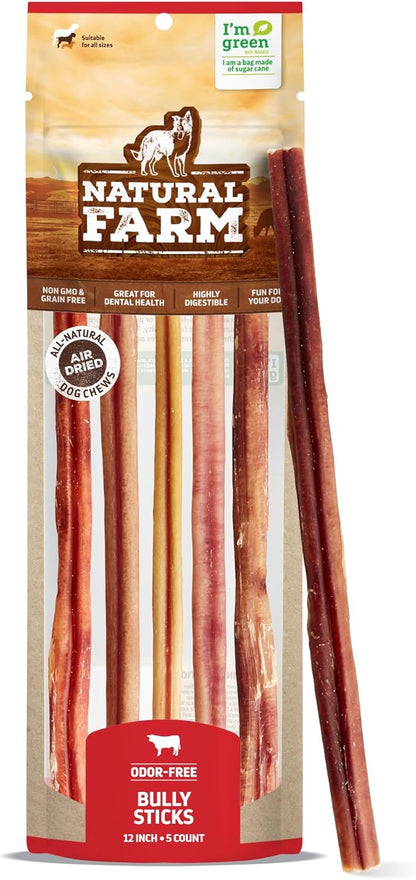 Natural Farm Bully Sticks, Odor-Free (12 Inch, 5 Count), 8.8 Oz. Per Bag, 100% Beef Chews, Grass-Fed, Non-GMO, Fully Digestible Dental Treats to Keep Your Small and Medium Dogs Busy and Happy