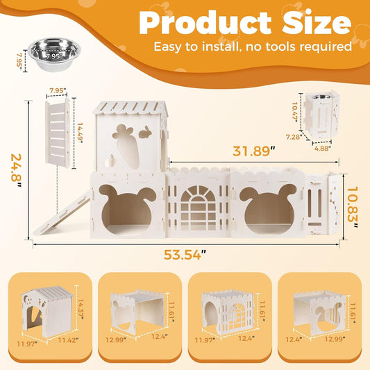 Extra Large Rabbit House, Wooden Bunny House Hideout with 4 Houses and Hay Feeder Indoor, Rabbit Guinea Pig Hideout Multistory Climbing Tower Sturdy Wooden Castle, Small Animal Hideaway Tunnel