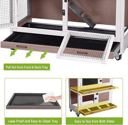 2-Story Rabbit Hutch Indoor Bunny Cage Wooden Guinea Pig House with Chew-Proof Ramp, Leakproof Slide-Out Trays, Lockable Caster Wheels for 1-3 Rabbits (Brown)