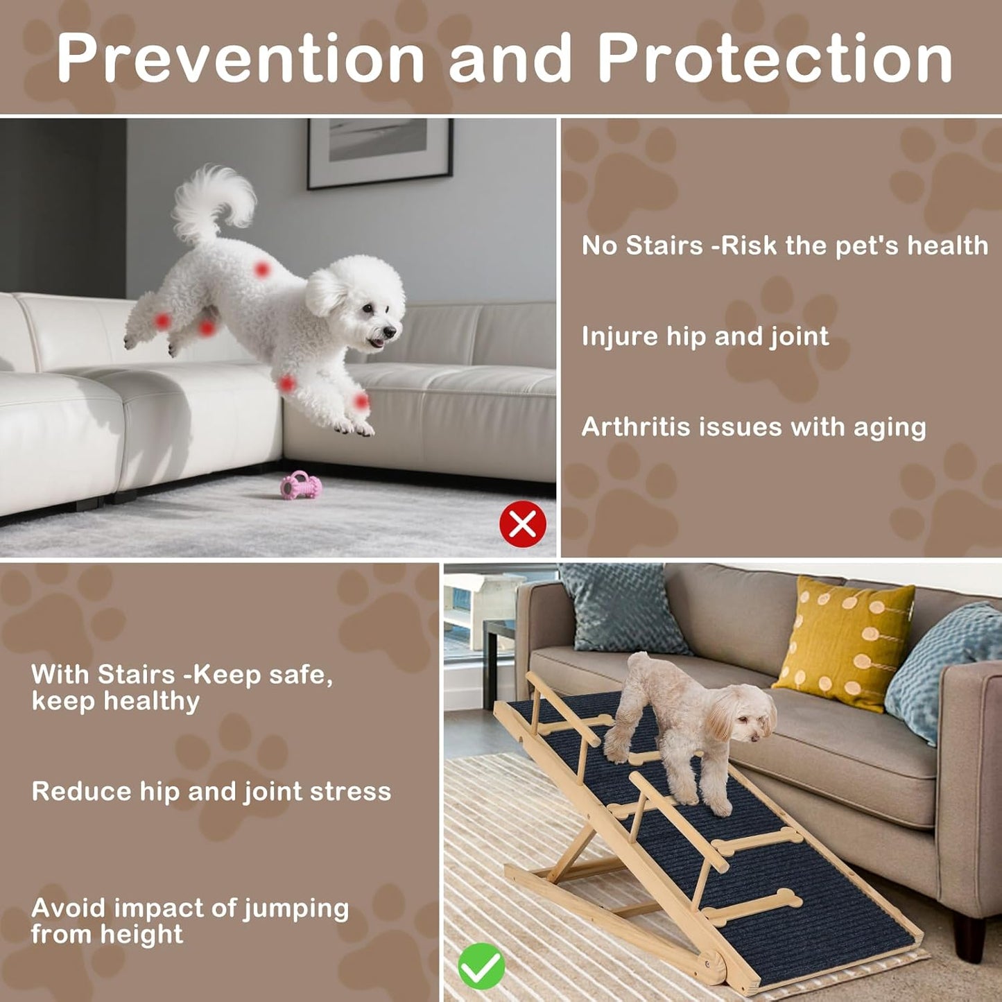 Dog Ramp for Bed Couch Extra Wide Folding Pet Ramps for Large Dogs to Get on Bed, Portable Doggie Steps 6 Adjustable Height 27.3”, 47.3" Long - Pawvie
