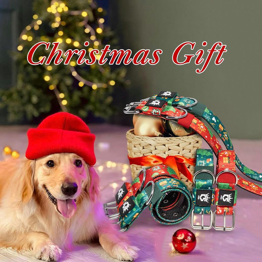 TSPRO Tactical Dog Collar 1.5 Inch Wide Thick Dog Collars with Heavy Duty Metal Buckle, Durable, Strong, Adjustable for Medium to Large Dogs (Christmas Green M)