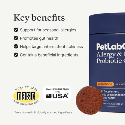 PetLab Co. Allergy & Immune Daily Probiotics for Dogs. Supports Yeast Production, Seasonal Allergies, Intermittent Itchiness, Gut & Digestive Health for Large Dogs - 30 Chews - Packaging May Vary