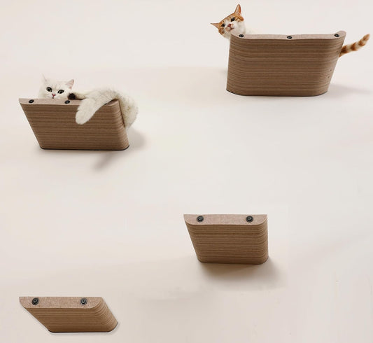 Wall Mounted Cat Shelves and Perches,Scratchable Cat Beds & Furniture for Indoor Cats, Soft PET Felt Feline Climbing Wall Set, Modern Jungle Gym System for Lounging and Sleeping(Set of 4-Oatmeal)