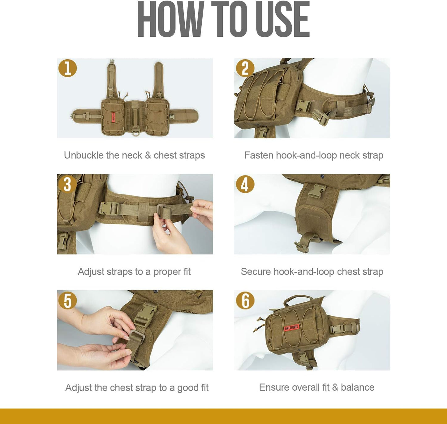 OneTigris Dog Backpack for Medium & Large Dogs, Nylon Backpack for Dogs Tactical Pet Backpack with Side Pockets for Hiking Walking Training Running (Brown, Large)