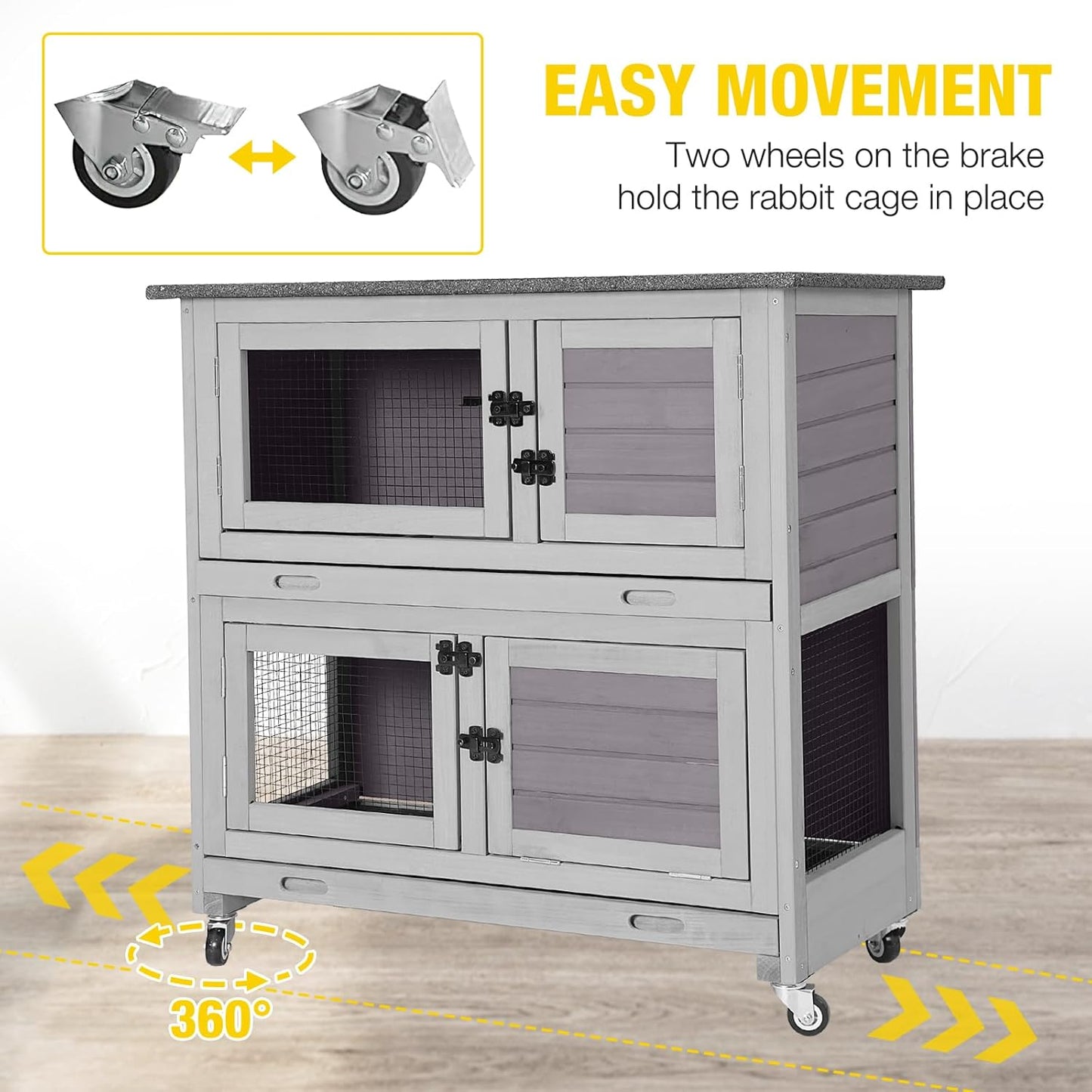 Aivituvin Rabbit Hutch Indoor Bunny Cage Outdoor 2 Story Pet House Guinea Pig Cage on Wheels 36"