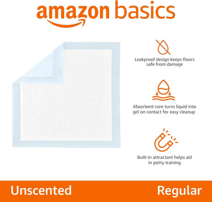 Amazon Basics Dog and Puppy Pee Pads, 5-Layer Leak-Proof Super Absorbent, Quick-Dry Surface, Potty Training, Regular (22x22"), 150 Count, Blue & White