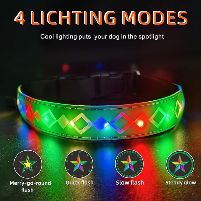 LED Dog Collar with AirTag Holder and Custom ID Tag, 15 Light Modes, Waterproof, Multiple Colors (Green Pro, L(15.7-19.7"))