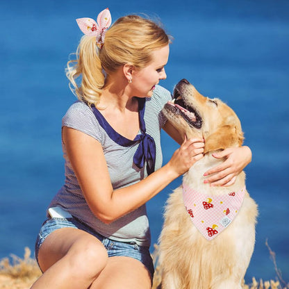 E-Clover Pink Buffalo Plaid Dog Bandanas & Matching Scrunchie Set Cute Dog Scarf Bibs Girl Pet Bandana with Bow Tie for Medium Large Dogs Owner Mom