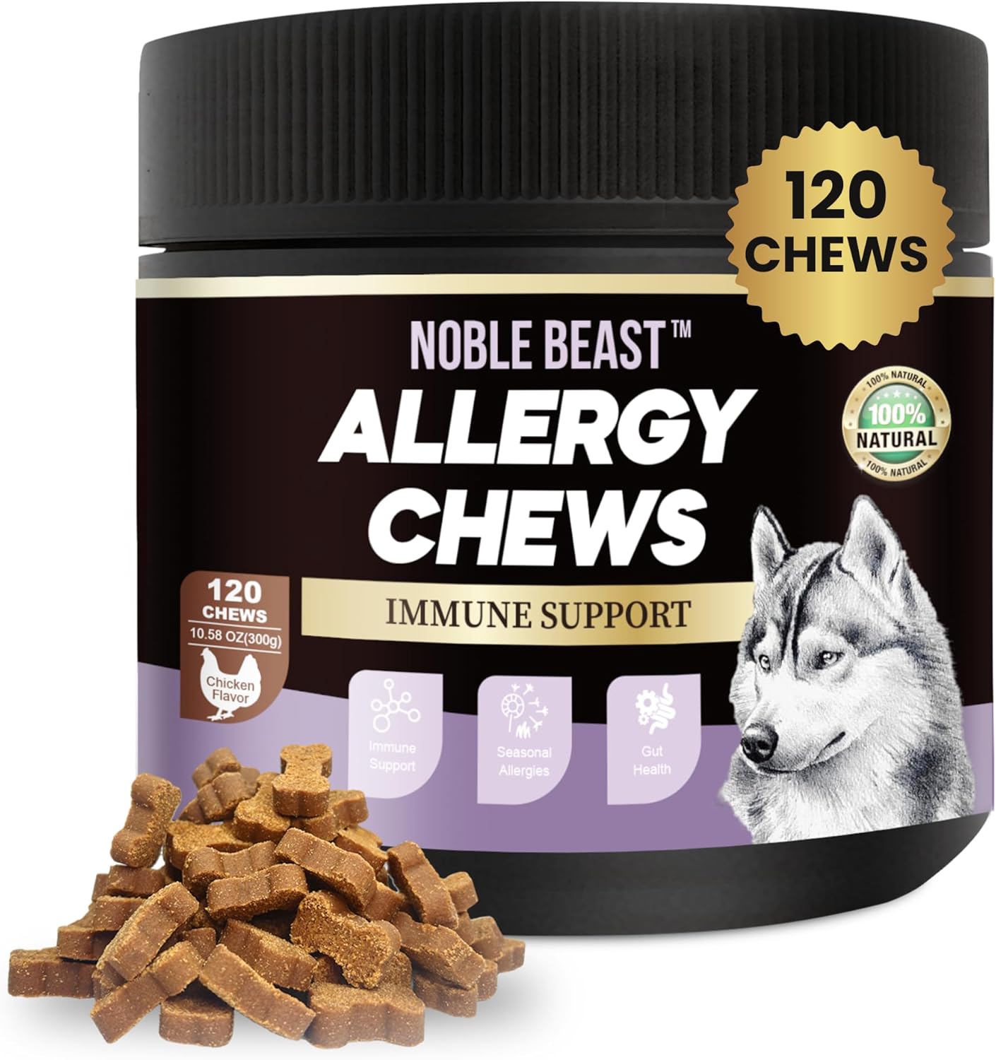 Noble Beast Dog Immune & Allergy Supplement - Itch Relief - Probiotics for Dogs - Skin & Seasonal Allergies - All Natural - Soft Chews with Hemp and Colostrum - Chicken Flavor - 120 Count