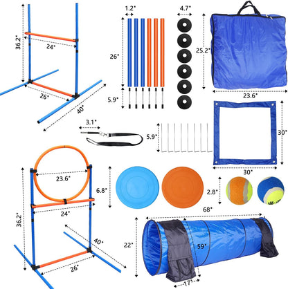 Dog Agility Training Equipment Set Outdoor Indoor Game, Tire Jump + Hurdle Jump, Tunnel, Weave Poles, Pause Box, 2 Toy Balls, 2 Flying Discs, 1 Whistle, 1 Bag, Backyard Premium Dog Obstacle Course Kit