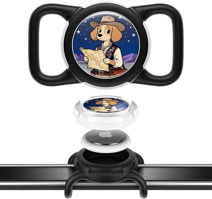 Dog AirTag Holder for Dog Collar, Soft Silicone Slide-On Case for Apple AirTag, No-Dangle Quiet Protective Holder with Eye-Catching Pet Character Designs, Black-Trail Guide