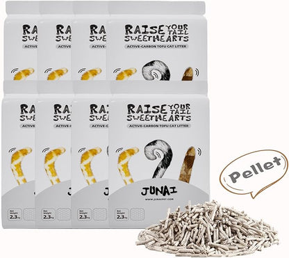 JUNAI Tofu Cat Litter 8 Packs(2.3kg x 8), Active-Carbon Natural Clumping Cat Litter Pellet flushable Biodegradable Kitty Litter, Good for All cat Litter Box, Lightweight dust Free and Odor Control