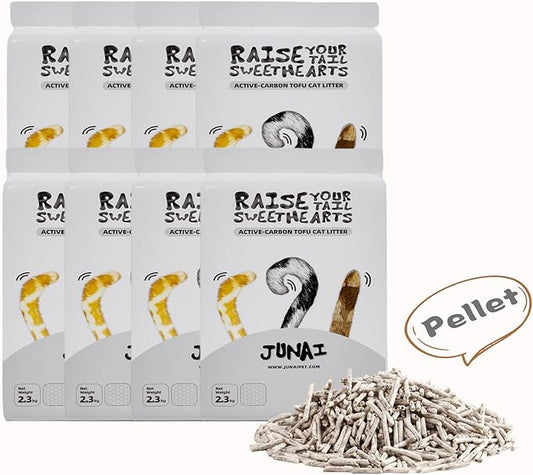 JUNAI Tofu Cat Litter 8 Packs(2.3kg x 8), Active-Carbon Natural Clumping Cat Litter Pellet flushable Biodegradable Kitty Litter, Good for All cat Litter Box, Lightweight dust Free and Odor Control