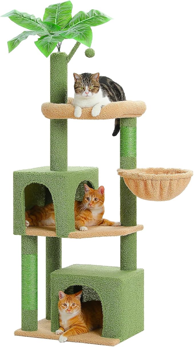 53-Inch Green Cat Tree with 2 Condos for Indoor Cats,Cat Tower with Scratching Posts for Small Cats,Cactus Cat Tree Tower with Hammock and Cat Toys
