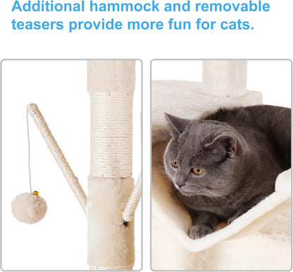 Hey-brother Cat Tree, 71 inches XL Large Cat Tower for Indoor Cats, Multi-Level Cat House with 3 Padded Perches, Big Scratcher, Cozy Basket, 2 Cat Condos and Scratching Posts, Beige MPJ034M