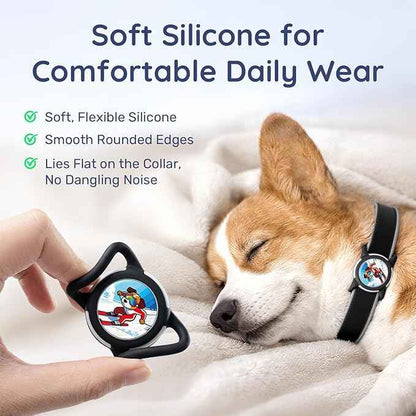 Dog AirTag Holder for Dog Collar, Soft Silicone Slide-On Case for Apple AirTag, No-Dangle Quiet Protective Holder with Eye-Catching Pet Character Designs, Black-Ski Racer