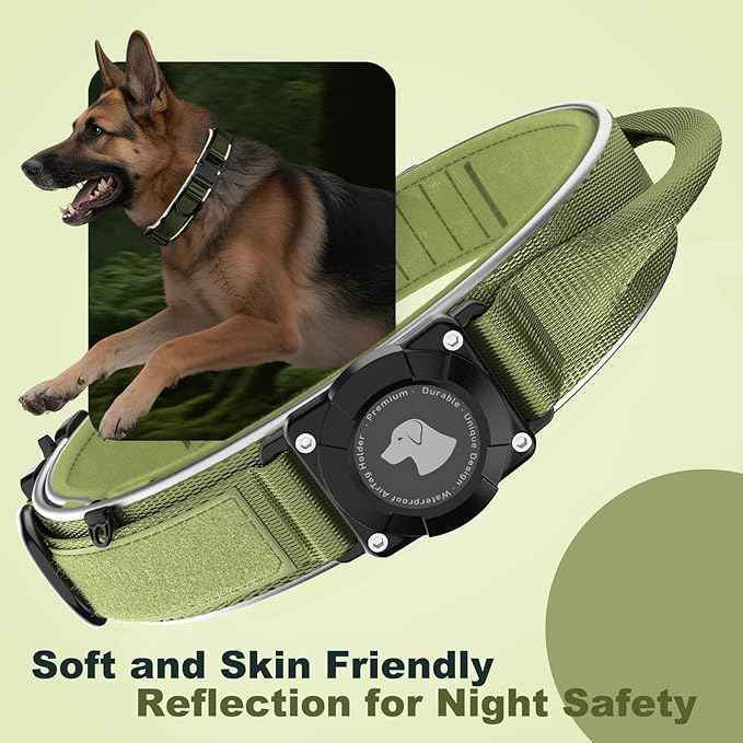 2025 New and Improved AirTag Dog Collar, Military Tactical Dog Collar with AirTag Holder - Adjustable Control Handle, Durable Metal Buckle, Comfortable GPS Dog Collars (M,ArmyGreen)