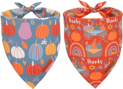 ADOGGYGO Thanksgiving Dog Bandana - Blue Orange Pumpkin Puppy Scarf, Adjustable Fit Fall Bandanas for Small Dogs Pets (Small)