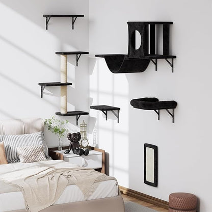 NUNU LAB Wall Mounted Cat Wall Shelves, 12-in-1 Cat Wall Climber with Condos House, Scratching Post, Bridge Ladder, Indoor Space-Saving Furniture for Kittens Play, Black