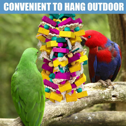Large Bird Toys, Multi-Color Wooden Block with Bamboo Support Bird Chewing Toy Parrot Cage Bite Toy for Macaws Cokatoos African Grey and Large Medium Parrot Birds