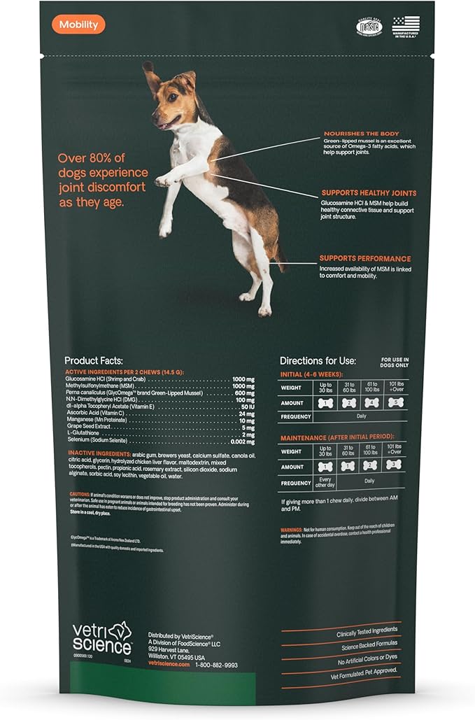 VetriScience Extra Strength Hip & Joint Supplement for Dogs, GlycoFlex 3 – Vet Formulated Glucosamine, MSM & Green-Lipped Mussel Chews for Mobility, Flexibility & Joint Support, Chicken Flavor, 120ct