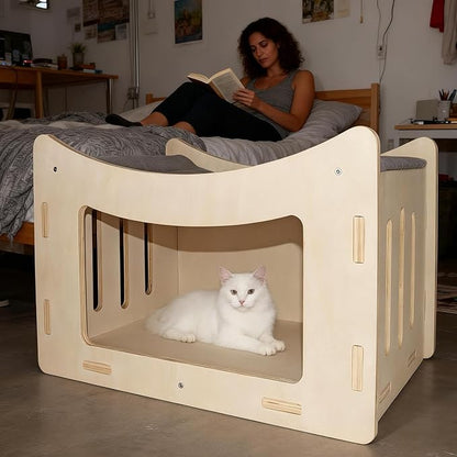 Cute Cat Head Wooden Indoor Cat House, Double Decker Cat Shelter with Elevated Soft Canvas Upper Bed, Multi-Level Pet Condo for Cats & Rabbits