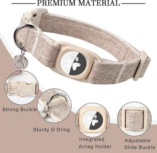 DOGWONG Airtag Cotton Hemp Dog Collar, Heavy-Duty Dog Collar with Airtag Holder Beige Natural Fabric Pet Cute Puppy Necklace for Small Medium Large Dogs