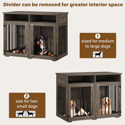 Furniture Dog Crate for 2 Dogs, 41 Inch Dog Kennel Furniture with Removable Divider and Shelf Storage, Wooden Dog Crate for Small/Medium Dogs, Grey
