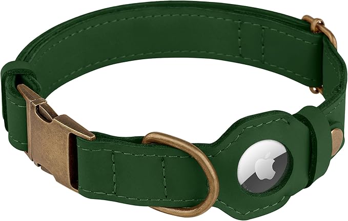 AirTag Dog Collar - Genuine Leather Dog Collar with Apple AirTag Holder and Metal Buckle - Smart GPS Tracking Pet Collars (Dark Green, S, 12"-15" Neck Fit)