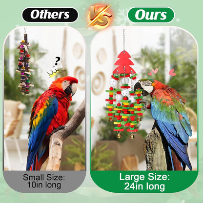 MEWTOGO Christmas Large Bird Toy - Natural Wooden Parrot Chewing Toy With Colorful Edible Blocks for Macaw African Grey Amazon Parrots, Xmas Gifts Bird Playing (Red)