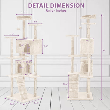 70 Inches Cat Tower for Indoor Cats Multi-Level Cat Condos XL Cat Tree Climbing Tower with Scratching Posts, Hanging Toys, Beige