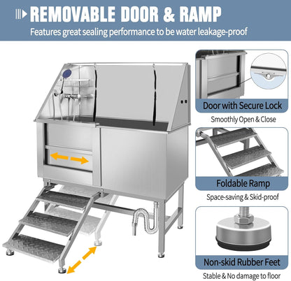 50" Dog Bathing Station for Large Dogs, Stainless Steel Dog Pet Washing Station, Professional Dog Grooming Tub, Pet Wash Bath Station (50" Left Door)