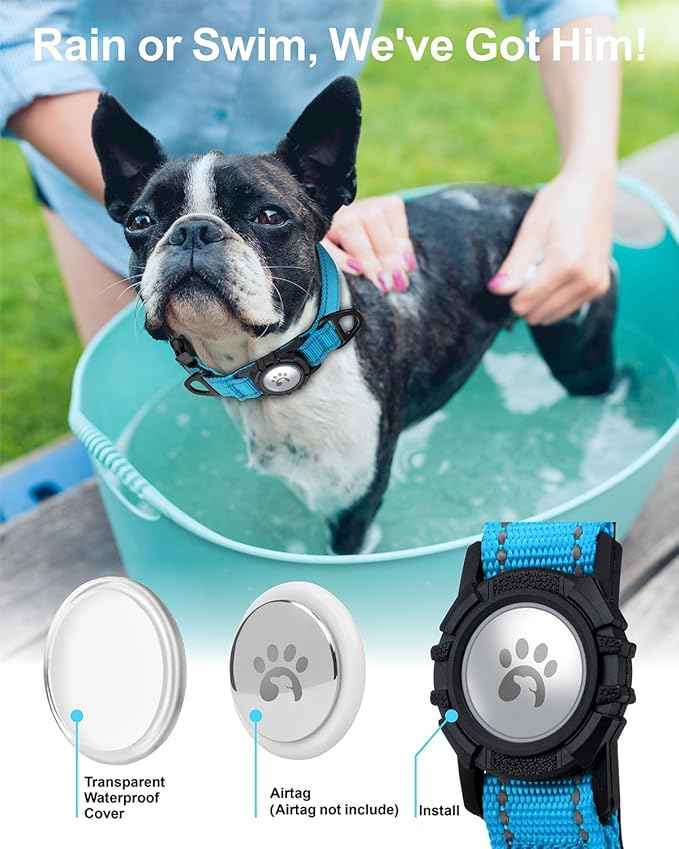 TagME Airtag Dog Collar,Waterproof Reflective Pet Collar with Airtag Holder,Soft Padded and Double D-Rings for Puppy,Light Blue