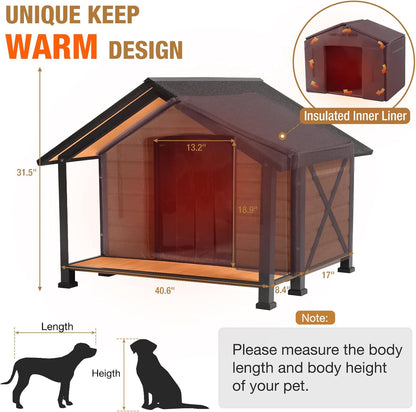 Outdoor Dog House Insulated Large Dog Kennel with Liner for Winter, Heated Dog House 100% Insulated & All-Around Iron Frame