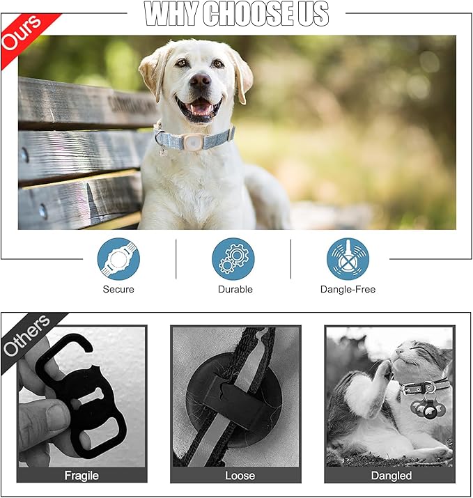 DOGWONG Airtag Cotton Hemp Dog Collar, Heavy-Duty Dog Collar with Airtag Holder Blue Natural Fabric Pet Collars for Small Medium Large Dogs