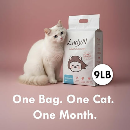 Lady N Pellet Tofu Cat Litter Yosemite Woody Scent, Strong Clumping, Ultra Absorbent, Dust-Free Low Tracking, Water-Soluble, Natural Ingredients, Enviro-Probiotic for Odor Control 9lb