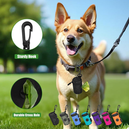 Dog Poop Bag Holder for Leash Attachment - Waste Bag Dispenser for Leash - Fits Any Dog Leash - Portable Set with Hand Free Holder Metal Carrier, Round Shape, Orange