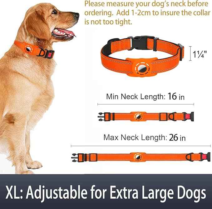 AirTag Dog Collar with AirTag Holder Compatible for Air Tag, Reflective Soft Padded, Safety Locking Buckle, Adjustable Nylon for Small Medium Large Dogs (Orange,XL)