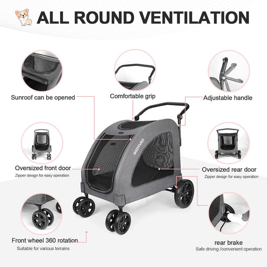 Large Dog Travel Stroller with 4 Heavy Duty Wheels Pet Stroller with Adjustable Handle - Double Doggie Capacity Jogger Wagon with Back Front Door for Small Medium Large Dogs (Dark Light Gray) - Pawvie
