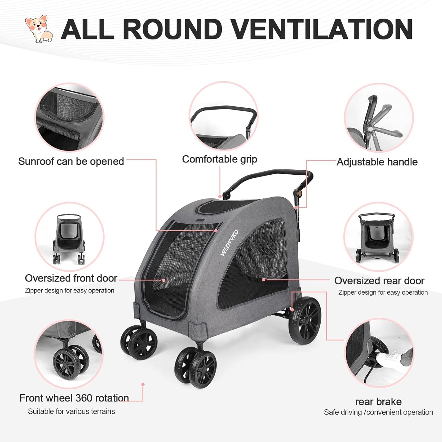 Large Dog Travel Stroller with 4 Heavy Duty Wheels Pet Stroller with Adjustable Handle - Double Doggie Capacity Jogger Wagon with Back Front Door for Small Medium Large Dogs (Dark Light Gray) - Pawvie